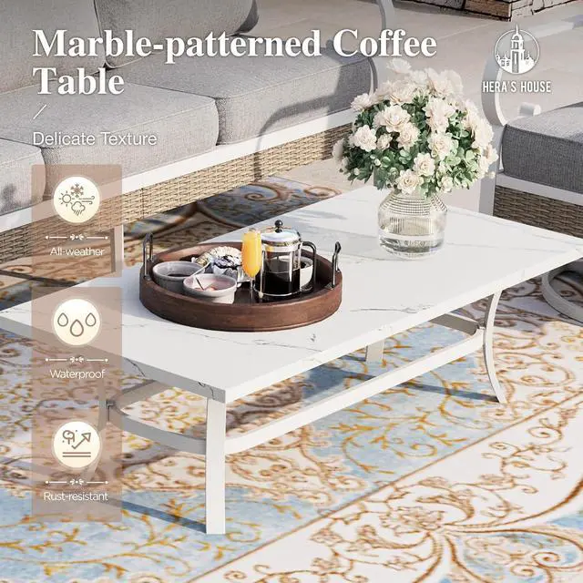 Alt view image 6 of 7 - HERA'S HOUSE 5-Piece Metal Outdoor Conversation Set, 7 Seats | White Frame/Light Gray, Coffee Table, Single chairs could support up to 350lbs