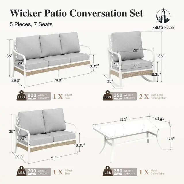 Alt view image 7 of 7 - HERA'S HOUSE 5-Piece Metal Outdoor Conversation Set, 7 Seats | White Frame/Light Gray, Coffee Table, Single chairs could support up to 350lbs