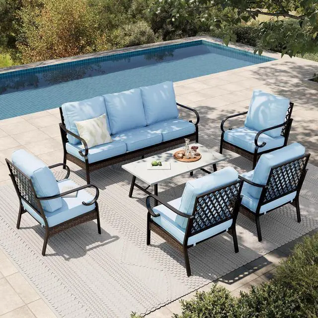 Main image of HERA'S HOUSE 6-Piece Metal Outdoor Conversation Set, 7 Seats | Black Frame/blue, Coffee Table, Single chairs could support up to 350lbs
