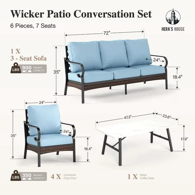 Alt view image 7 of 7 - HERA'S HOUSE 6-Piece Metal Outdoor Conversation Set, 7 Seats | Black Frame/blue, Coffee Table, Single chairs could support up to 350lbs