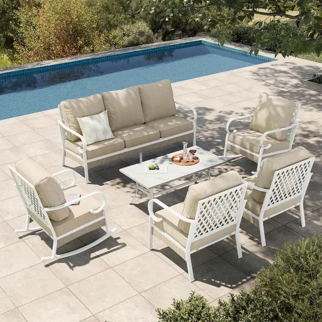 Main image of HERA'S HOUSE 6-Piece Metal Outdoor Conversation Set, 7 Seats | White Frame/beige, Coffee Table, Rocking Chair, Single chairs could support up to 350lbs