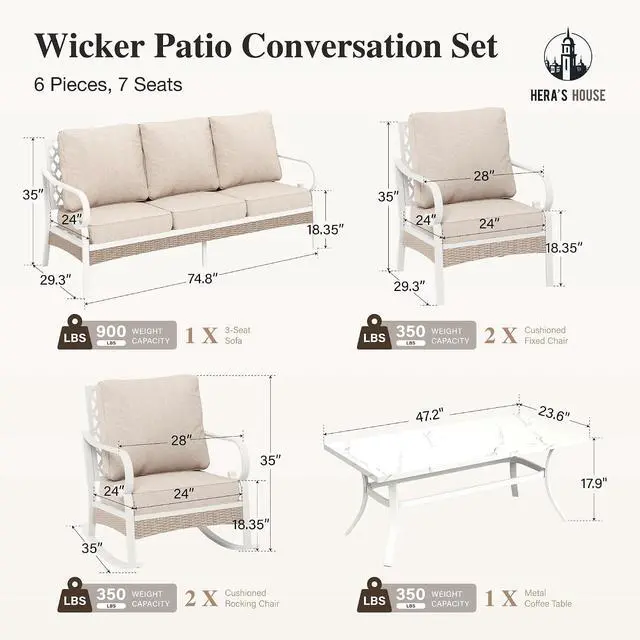 Alt view image 7 of 7 - HERA'S HOUSE 6-Piece Metal Outdoor Conversation Set, 7 Seats | White Frame/beige, Coffee Table, Rocking Chair, Single chairs could support up to 350lbs