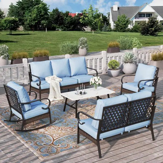 Main image of HERA'S HOUSE 5-Piece Metal Outdoor Conversation Set, 7 Seats | Black Frame/blue, Coffee Table, Single chairs could support up to 350lbs