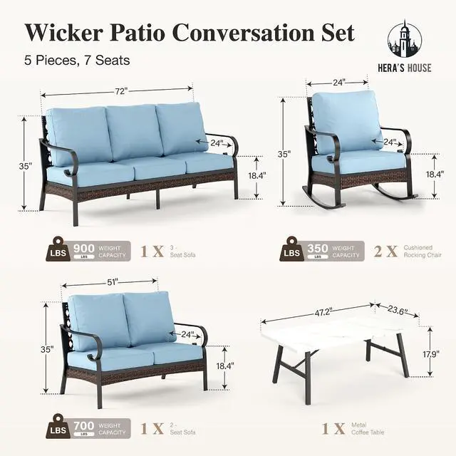 Alt view image 6 of 7 - HERA'S HOUSE 5-Piece Metal Outdoor Conversation Set, 7 Seats | Black Frame/blue, Coffee Table, Single chairs could support up to 350lbs