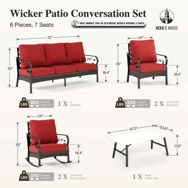 Alt view image 7 of 7 - HERA'S HOUSE 6 Piece Metal Patio Furniture Set, All Weather Outdoor Conversation Set with 3-Seat Sofa, 2 Rocking Chairs, 2 Fixed Chairs & Coffee Table, 7 Seats for Backyard, Garden, Deck, Red