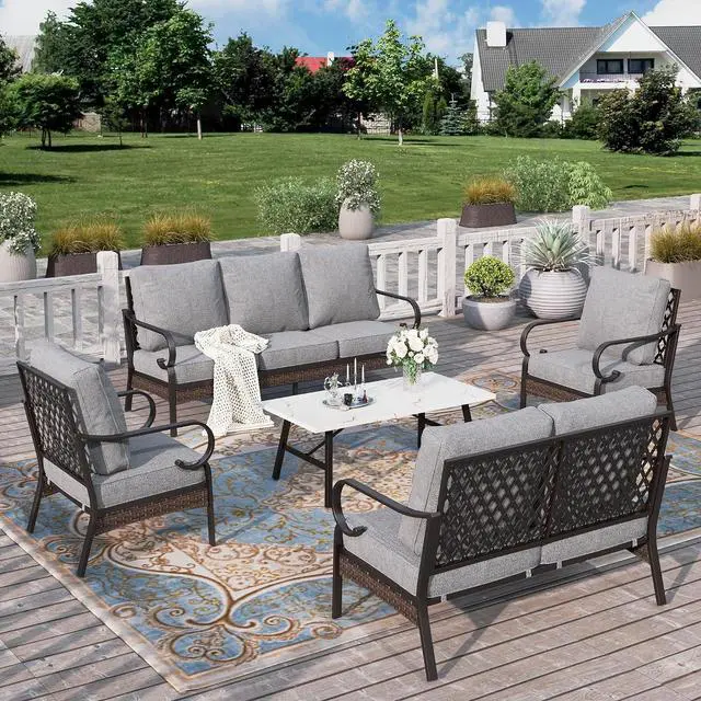 Main image of HERA'S HOUSE 5-Piece Metal Outdoor Conversation Set, 7 Seats | Black Frame/Gray, Coffee Table, Single chairs could support up to 350lbs