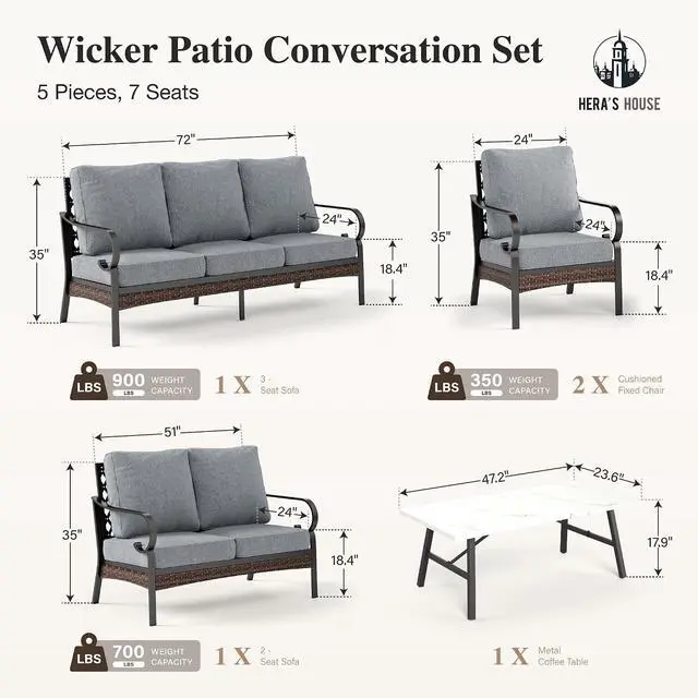 Alt view image 6 of 7 - HERA'S HOUSE 5-Piece Metal Outdoor Conversation Set, 7 Seats | Black Frame/Gray, Coffee Table, Single chairs could support up to 350lbs