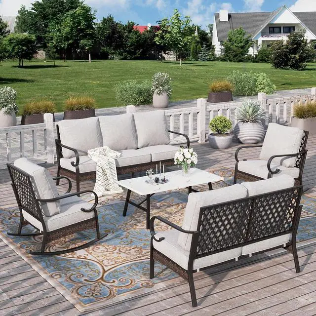 Main image of HERA'S HOUSE 5-Piece Metal Outdoor Conversation Set, 7 Seats | Black Frame/Light Gray, Coffee Table, Single chairs could support up to 350lbs