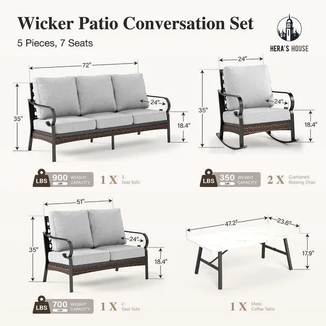 Alt view image 6 of 7 - HERA'S HOUSE 5-Piece Metal Outdoor Conversation Set, 7 Seats | Black Frame/Light Gray, Coffee Table, Single chairs could support up to 350lbs