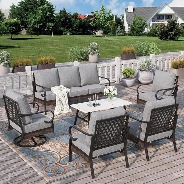 Main image of HERA'S HOUSE 6-Piece Metal Outdoor Conversation Set, 7 Seats | Black Frame/Gray, Coffee Table, Single chairs could support up to 350lbs