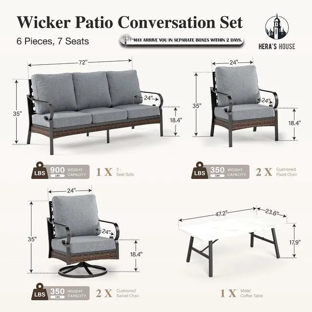 Alt view image 7 of 7 - HERA'S HOUSE 6-Piece Metal Outdoor Conversation Set, 7 Seats | Black Frame/Gray, Coffee Table, Single chairs could support up to 350lbs