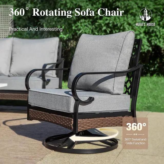 Alt view image 4 of 7 - HERA'S HOUSE 6-Piece Metal Outdoor Conversation Set, 7 Seats | Black Frame/Gray, Coffee Table, Single chairs could support up to 350lbs