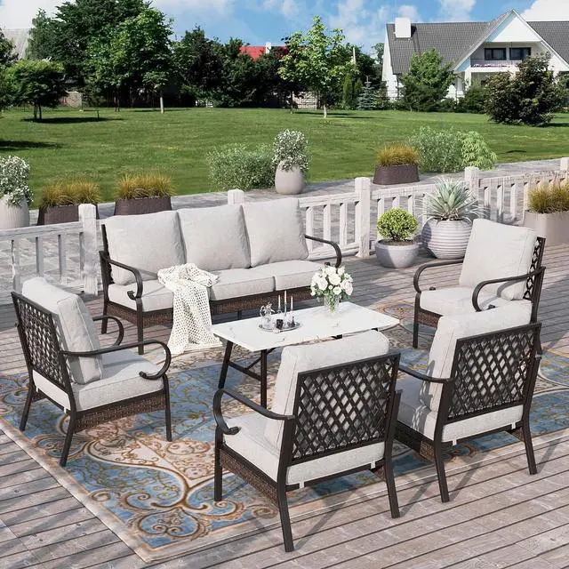 Main image of HERA'S HOUSE 6-Piece Metal Outdoor Conversation Set, 7 Seats | Black Frame/Light Gray, Coffee Table, Single chairs could support up to 350lbs