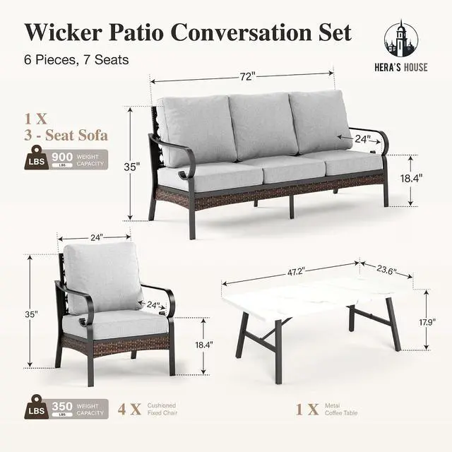 Alt view image 7 of 7 - HERA'S HOUSE 6-Piece Metal Outdoor Conversation Set, 7 Seats | Black Frame/Light Gray, Coffee Table, Single chairs could support up to 350lbs