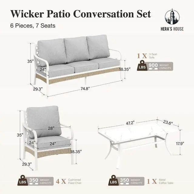 Alt view image 7 of 7 - HERA'S HOUSE 6-Piece Metal Outdoor Conversation Set, 7 Seats | White Frame/Light Gray, Coffee Table, Single chairs could support up to 350lbs