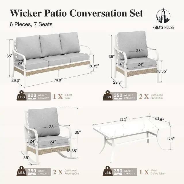 Alt view image 7 of 7 - HERA'S HOUSE 6-Piece Metal Outdoor Conversation Set, 7 Seats | White Frame/Light Gray, Coffee Table, Rocking Chair, Single chairs could support up to 350lbs