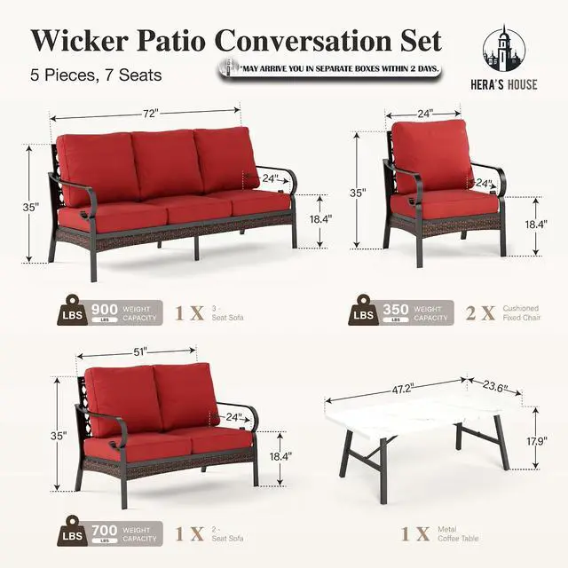 Alt view image 7 of 7 - HERA'S HOUSE 5 Piece Metal Patio Furniture Set, 7 Seats All Weather Outdoor Conversation Set, 3 Seat Sofa with Loveseat, 2 Fixed Chairs, Coffee Table for Backyard, Garden, Deck, Red