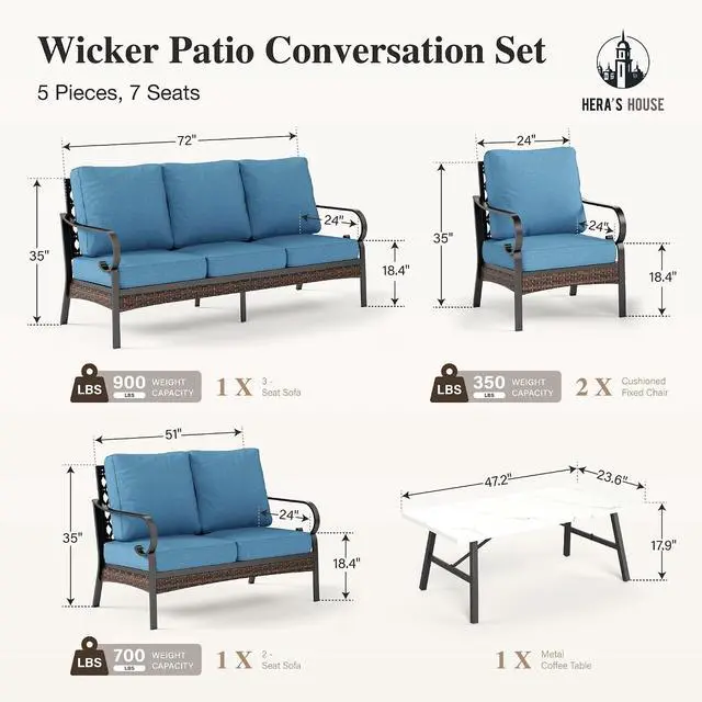 Alt view image 7 of 7 - HERA'S HOUSE 5-Piece Metal Outdoor Conversation Set, 7 Seats | Black Frame/Navy Blue, Coffee Table, Single chairs could support up to 350lbs
