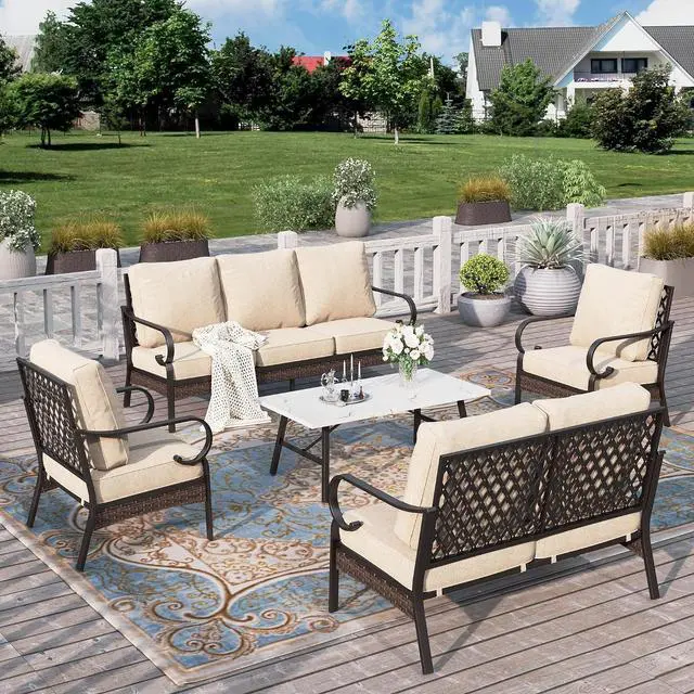 Main image of HERA'S HOUSE 5-Piece Metal Outdoor Conversation Set, 7 Seats | Black Frame/beige, Coffee Table, Single chairs could support up to 350lbs