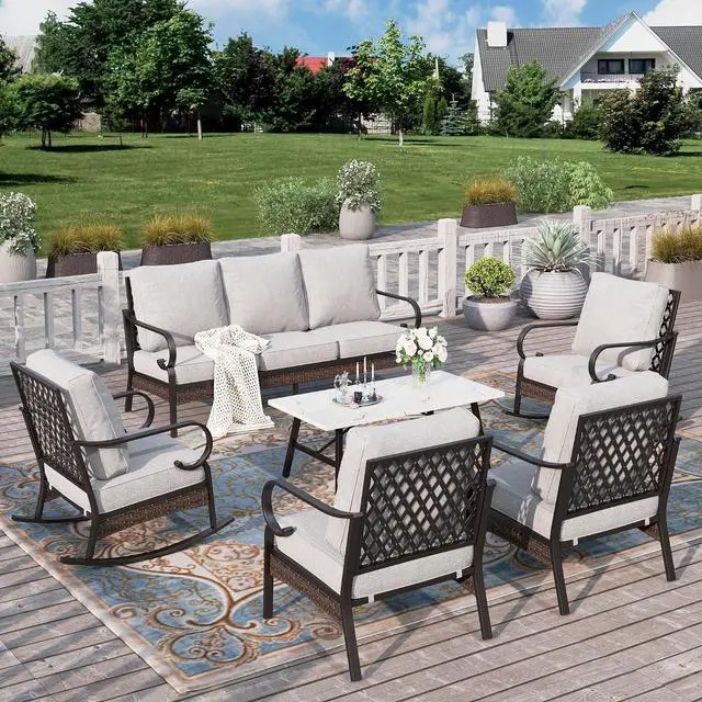 Main image of HERA'S HOUSE 6-Piece Metal Outdoor Conversation Set, 7 Seats | Black Frame/Light Gray, Coffee Table, Rocking Chair, Single chairs could support up to 350lbs