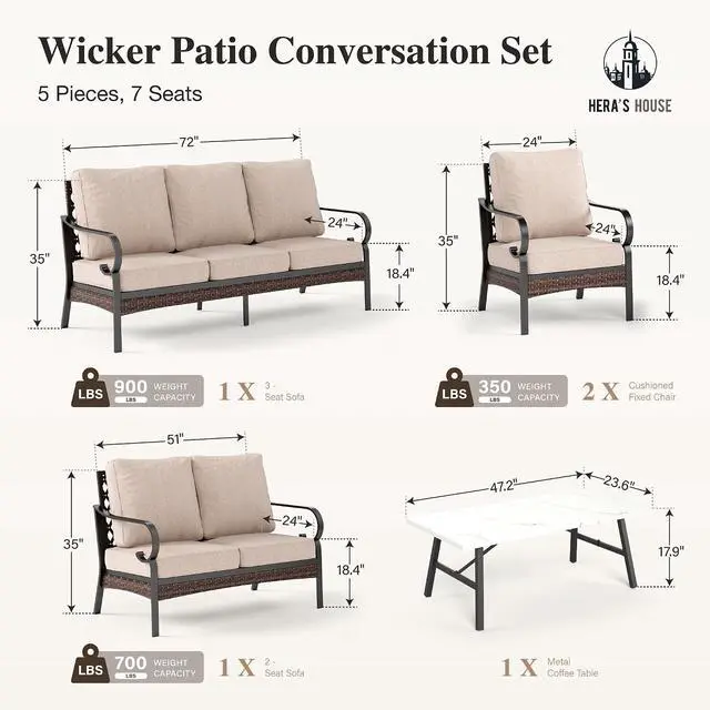 Alt view image 6 of 7 - HERA'S HOUSE 5-Piece Metal Outdoor Conversation Set, 7 Seats | Black Frame/beige, Coffee Table, Single chairs could support up to 350lbs