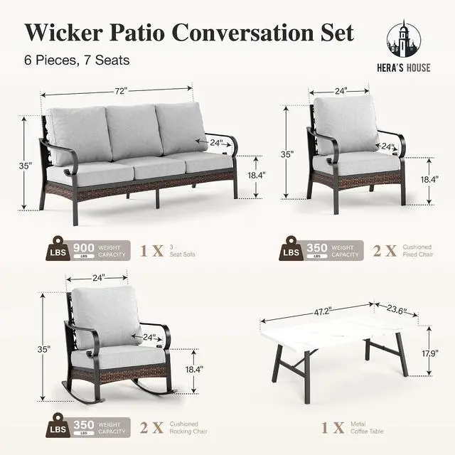 Alt view image 7 of 7 - HERA'S HOUSE 6-Piece Metal Outdoor Conversation Set, 7 Seats | Black Frame/Light Gray, Coffee Table, Rocking Chair, Single chairs could support up to 350lbs