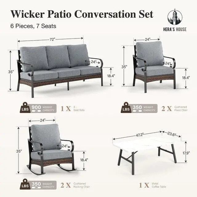Alt view image 7 of 7 - HERA'S HOUSE 6-Piece Rattan Wrought Iron Patio Conversation Set, 7 Seats | Black Frame/Gray, Coffee Table, Rocking Chair, Single chairs could support up to 350lbs