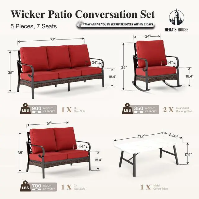 Alt view image 7 of 7 - HERA'S HOUSE 5 Piece Metal Patio Furniture Set, 7 Seats All Weather Outdoor Conversation Set, 3 Seat Sofa with Loveseat, 2 Rocking Chairs, Coffee Table for Backyard, Garden, Deck, Red