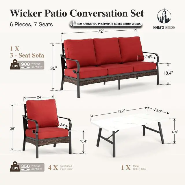 Alt view image 7 of 7 - HERA'S HOUSE 6 Piece Metal Patio Furniture Set, All Weather Outdoor Conversation Set with 3-Seat Sofa, 4 Fixed Chairs & Coffee Table, 7 Seats for Backyard, Garden, Deck, Red