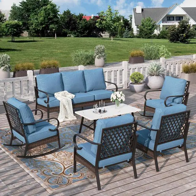 Main image of HERA'S HOUSE 6-Piece Metal Outdoor Conversation Set, 7 Seats | Black Frame/Navy Blue, Coffee Table, Rocking Chair, Single chairs could support up to 350lbs
