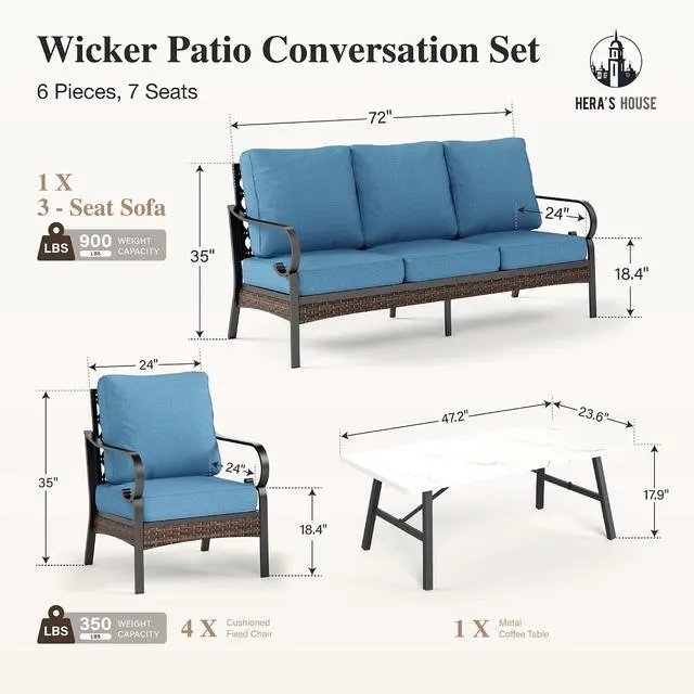 Alt view image 7 of 7 - HERA'S HOUSE 6-Piece Metal Outdoor Conversation Set, 7 Seats | Black Frame/Navy Blue, Coffee Table, Single chairs could support up to 350lbs