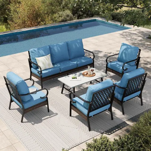 Main image of HERA'S HOUSE 6-Piece Metal Outdoor Conversation Set, 7 Seats | Black Frame/Navy Blue, Coffee Table, Single chairs could support up to 350lbs