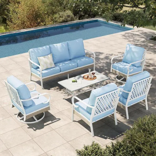 Main image of HERA'S HOUSE 6-Piece Metal Outdoor Conversation Set, 7 Seats | White Frame/blue, Coffee Table, Single chairs could support up to 350lbs