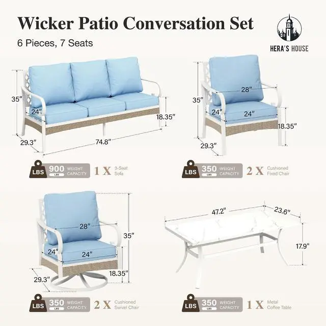 Alt view image 7 of 7 - HERA'S HOUSE 6-Piece Metal Outdoor Conversation Set, 7 Seats | White Frame/blue, Coffee Table, Single chairs could support up to 350lbs