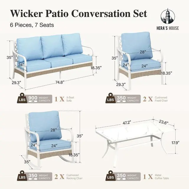 Alt view image 7 of 7 - HERA'S HOUSE 6-Piece Metal Outdoor Conversation Set, 7 Seats | White Frame/blue, Coffee Table, Rocking Chair, Single chairs could support up to 350lbs