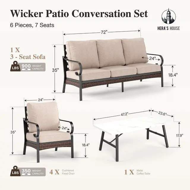Alt view image 7 of 7 - HERA'S HOUSE 6-Piece Metal Outdoor Conversation Set, 7 Seats | Black Frame/beige, Coffee Table, Single chairs could support up to 350lbs