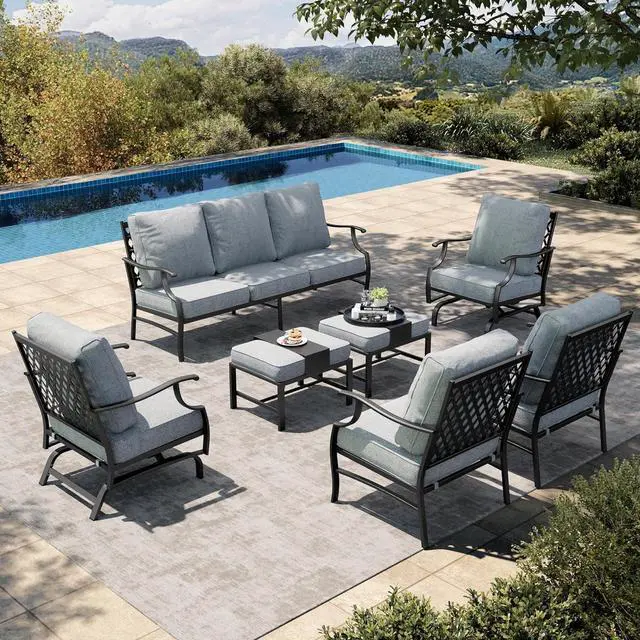 Main image of HERA'S HOUSE 7-Piece Metal Patio Conversation Set, 7-Seat, Swivel Chairs | Grey, 2 Swivel Chairs, 2 Chairs, 2 Ottomans, 1 3-Seat Sofa, Ottomans, For Garden, Backyard