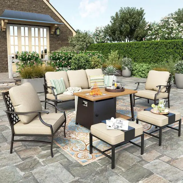 Main image of HERA'S HOUSE 6 PCS Patio Furniture Set with Fire Pit Table, 2 x Ottoman | 6 PCS Set Size, Leg Chairs + Ottoman + Wood Like Table Color, Modern Style, CUSHIONED CHAIRS AND SOFA FOR UPGRADED COMFORT5