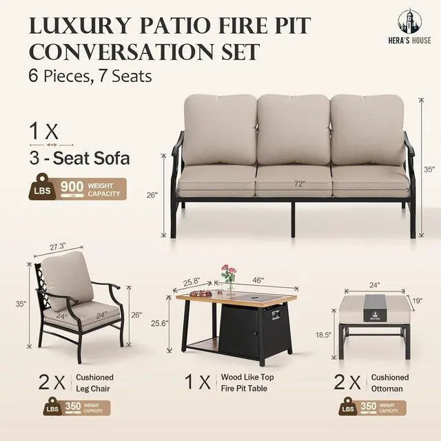 Alt view image 6 of 7 - HERA'S HOUSE 6 PCS Patio Furniture Set with Fire Pit Table, 2 x Ottoman | 6 PCS Set Size, Leg Chairs + Ottoman + Wood Like Table Color, Modern Style, CUSHIONED CHAIRS AND SOFA FOR UPGRADED COMFORT5