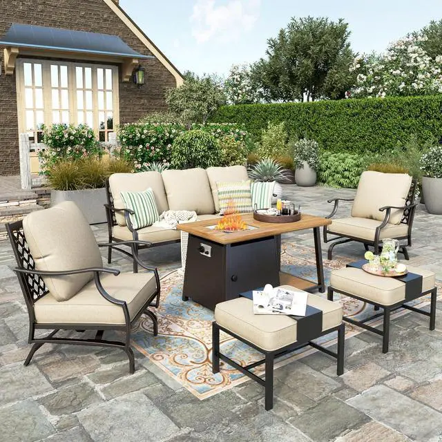 Main image of HERA'S HOUSE 6 PCS Patio Furniture Set with Fire Pit Table, 2 x Ottoman | 6 PCS Set Size, Rocking Chairs + Ottoman + Wood Like Table Color, Modern Style