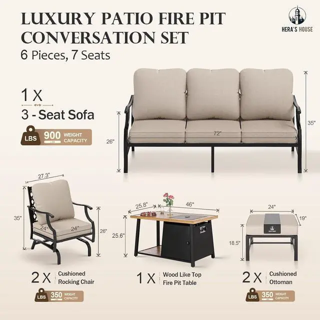 Alt view image 6 of 7 - HERA'S HOUSE 6 PCS Patio Furniture Set with Fire Pit Table, 2 x Ottoman | 6 PCS Set Size, Rocking Chairs + Ottoman + Wood Like Table Color, Modern Style