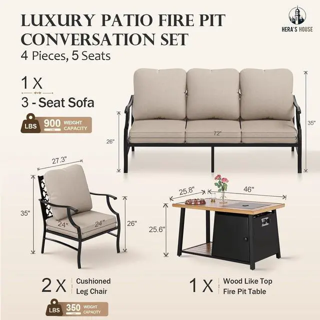 Alt view image 6 of 7 - HERA'S HOUSE 4 PCS Patio Fire Pit Furniture Set, 2 x Single Chair, Poolside | 4 PCS Set Size, Leg Chairs + Wood Like Table Color, Modern Style, CUSHIONED CHAIRS AND SOFA FOR UPGRADED COMFORT5