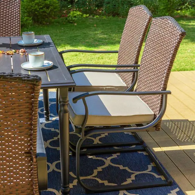Alt view image 3 of 7 - HERA'S HOUSE 7 Pieces Patio Dining Set, Outdoor Furniture Set for 6, 6 x Rattan C-Spring Dining Chair, 1 x 60 Rectangular Metal Dining Table, All Weather Resistant for Lawn Garden Backyard Deck