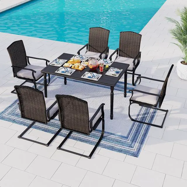 Alt view image 2 of 7 - HERA'S HOUSE 7 Pieces Patio Dining Set, Outdoor Furniture Set for 6, 6 x Rattan C-Spring Dining Chair, 1 x 60 Rectangular Metal Dining Table, All Weather Resistant for Lawn Garden Backyard Deck