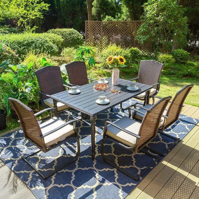 Main image of HERA'S HOUSE 7 Pieces Patio Dining Set, Outdoor Furniture Set for 6, 6 x Rattan C-Spring Dining Chair, 1 x 60 Rectangular Metal Dining Table, All Weather Resistant for Lawn Garden Backyard Deck