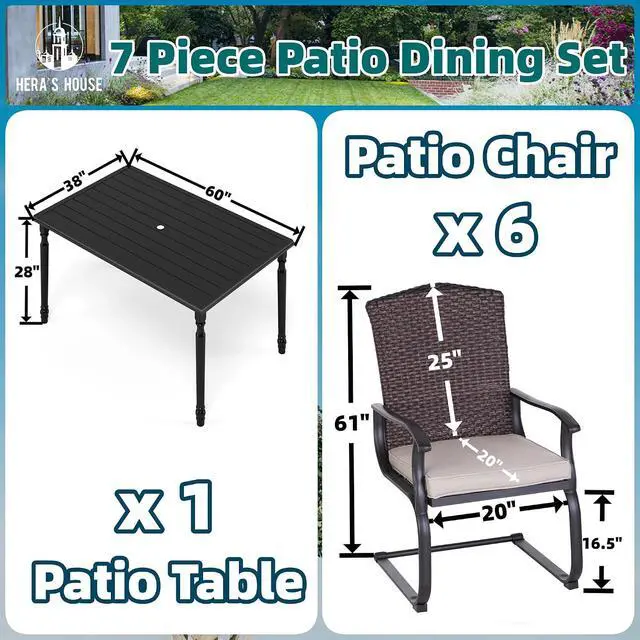 Alt view image 7 of 7 - HERA'S HOUSE 7 Pieces Patio Dining Set, Outdoor Furniture Set for 6, 6 x Rattan C-Spring Dining Chair, 1 x 60 Rectangular Metal Dining Table, All Weather Resistant for Lawn Garden Backyard Deck