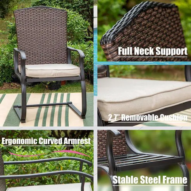 Alt view image 5 of 7 - HERA'S HOUSE 7 Pieces Patio Dining Set, Outdoor Furniture Set for 6, 6 x Rattan C-Spring Dining Chair, 1 x 60 Rectangular Metal Dining Table, All Weather Resistant for Lawn Garden Backyard Deck