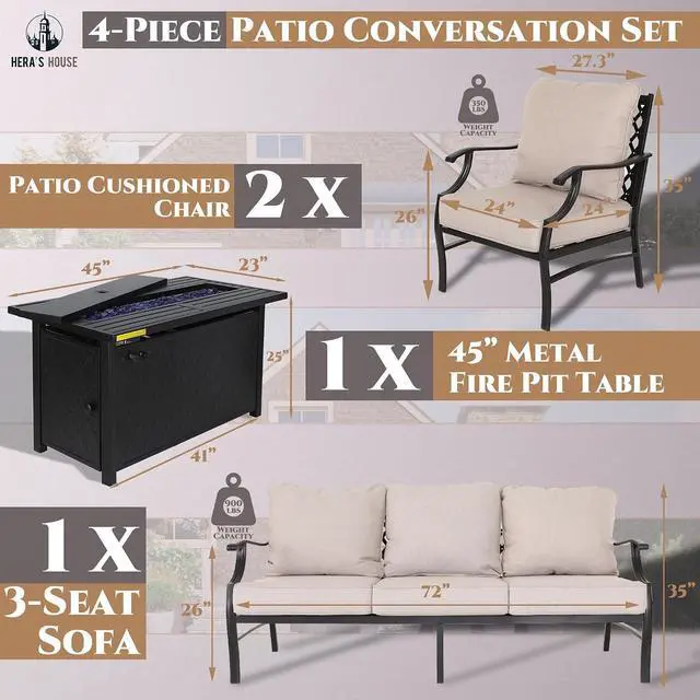 Alt view image 2 of 7 - HERA'S HOUSE 4 Pieces Patio Furniture Set with Fire Pit Table, 2 x Single Chair, 3-Seat Sofa with 45" Fire Pit Table, Outdoor Conversation Set for Garden, Poolside, Backyard