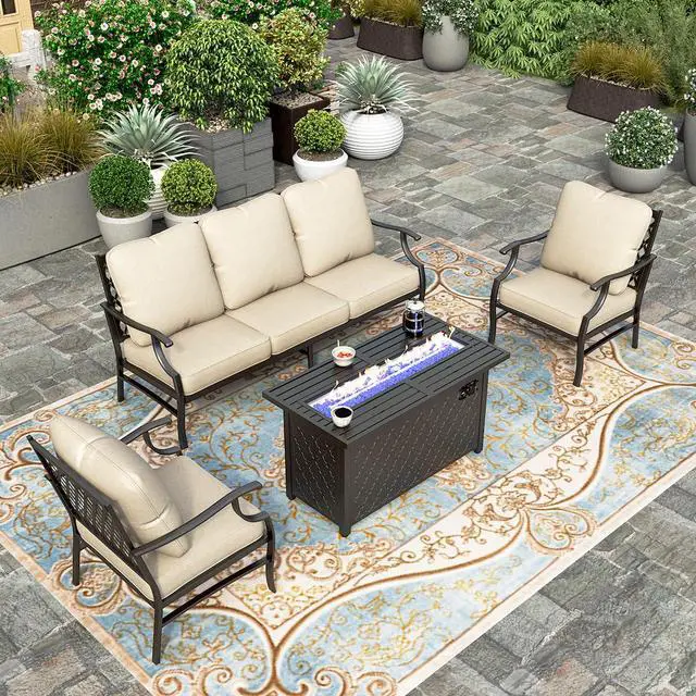 Alt view image 7 of 7 - HERA'S HOUSE 4 Pieces Patio Furniture Set with Fire Pit Table, 2 x Single Chair, 3-Seat Sofa with 45" Fire Pit Table, Outdoor Conversation Set for Garden, Poolside, Backyard
