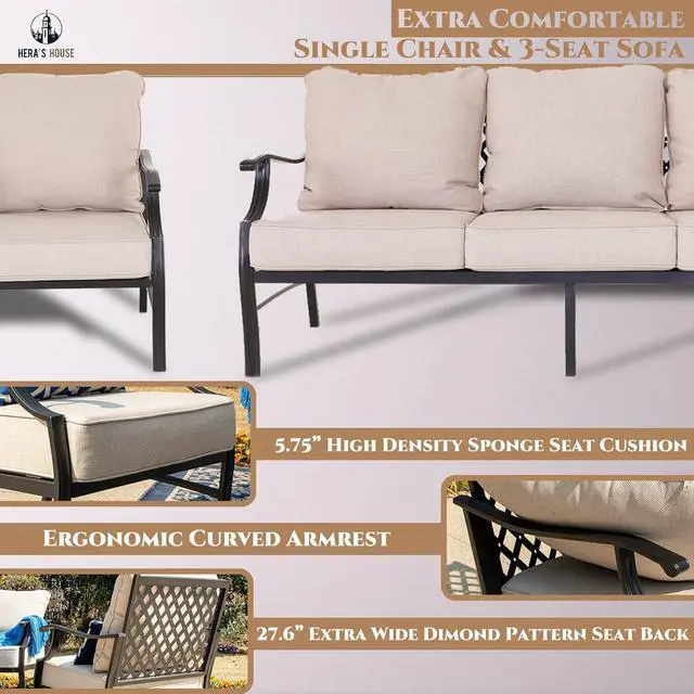 Alt view image 4 of 7 - HERA'S HOUSE 4 Pieces Patio Furniture Set with Fire Pit Table, 2 x Single Chair, 3-Seat Sofa with 45" Fire Pit Table, Outdoor Conversation Set for Garden, Poolside, Backyard
